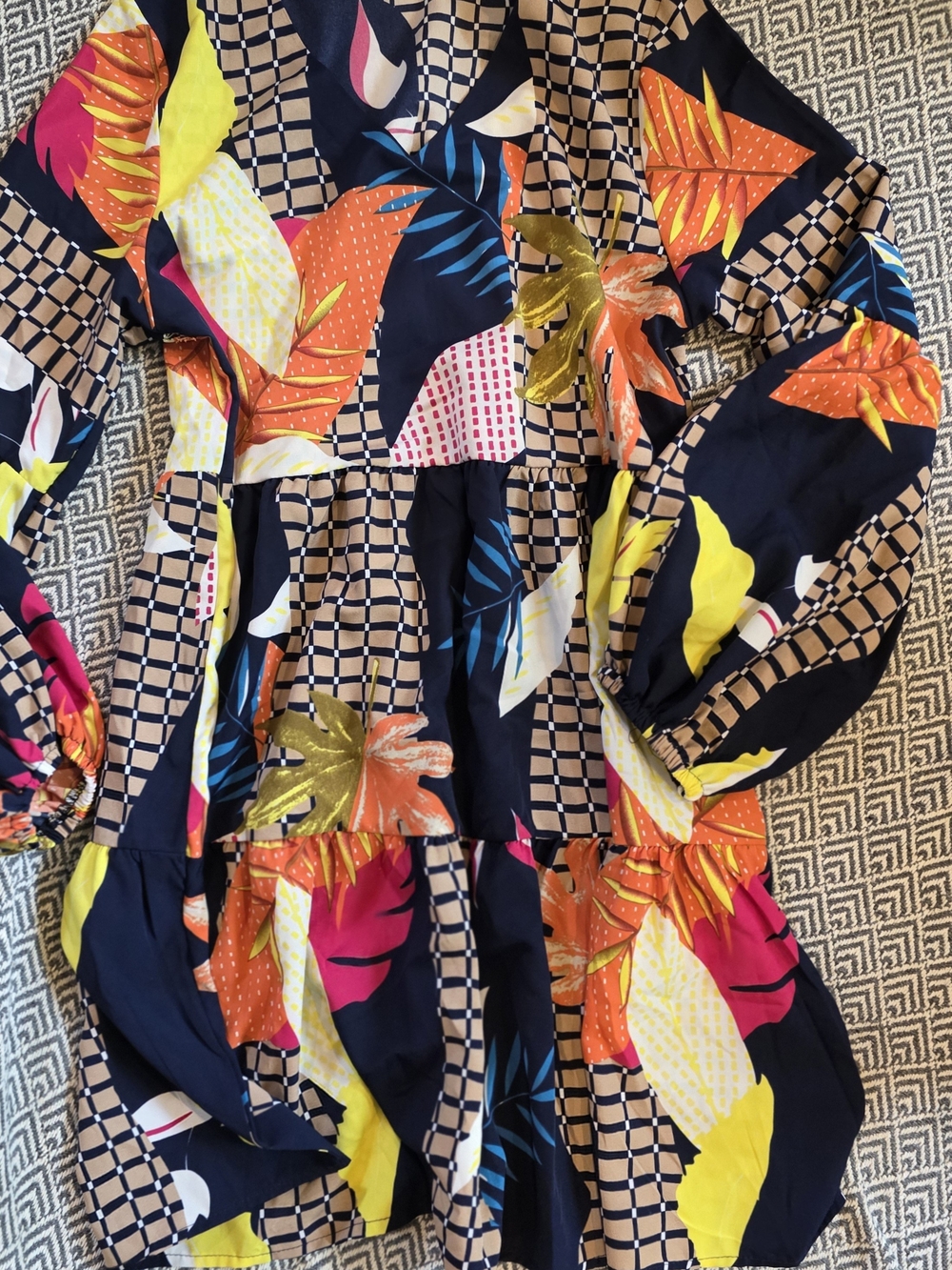 Vibrant Floral Grid Print Tiered Dress - Navy, Yellow & Pink